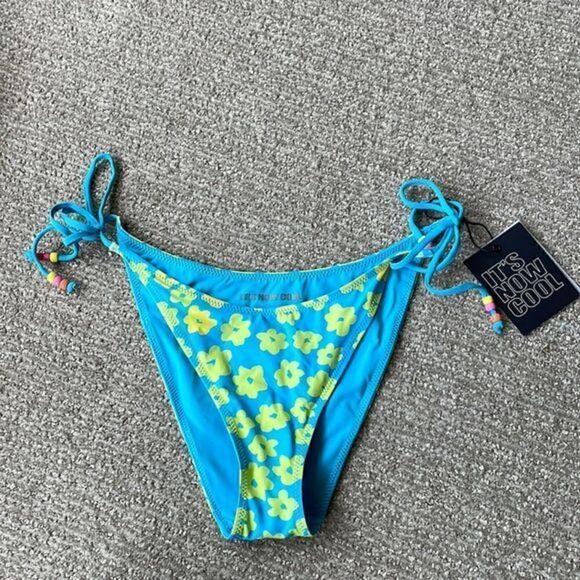 Free People x It’s Now Cool The 90s Tie-up Bikini Bottoms Blue Yellow Sz Large - Picture 1 of 7